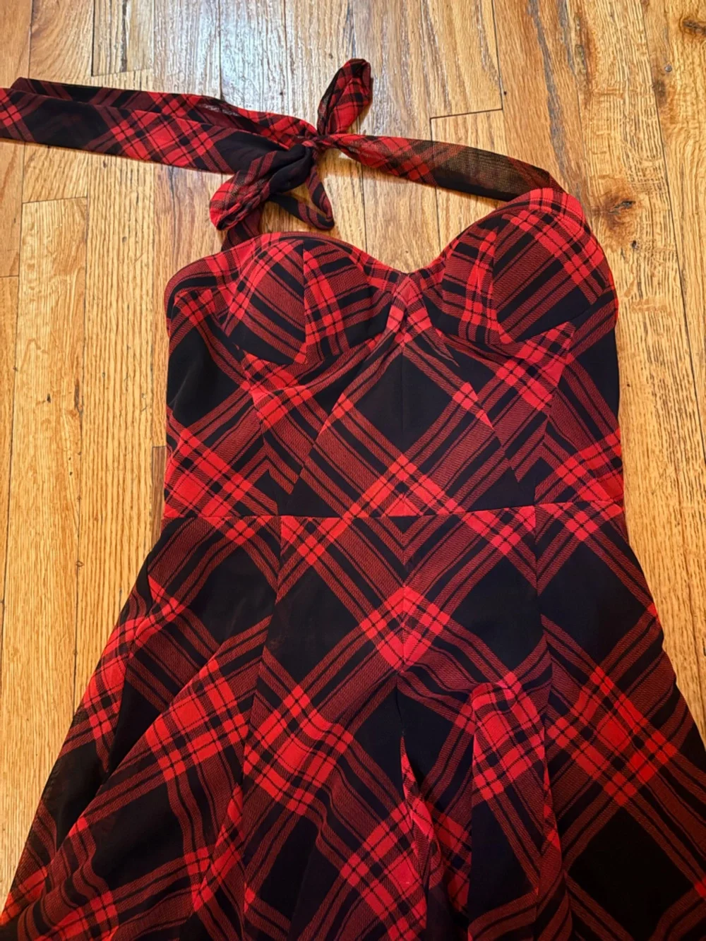 Betsey Johnson Red and Black Plaid Halter Fit-and-Flare Dress - Picture 2 of 4